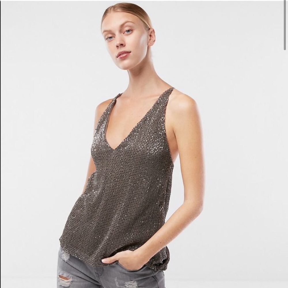 Express Silver Sequin Plunge V-Neck Open Back Tank Top / Cami. Medium